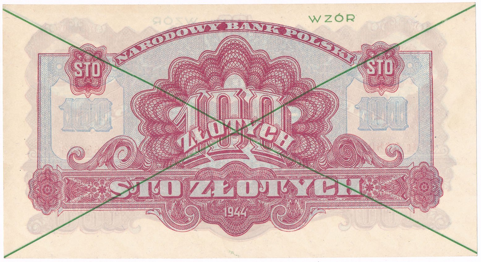 WZÓR. 100 złotych 1944 Zielony, RZADKOŚĆ (R6)